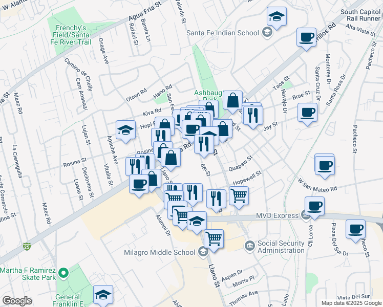 map of restaurants, bars, coffee shops, grocery stores, and more near 1862 Cerrillos Road in Santa Fe