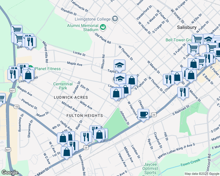 map of restaurants, bars, coffee shops, grocery stores, and more near 603 Lincolnton Road in Salisbury