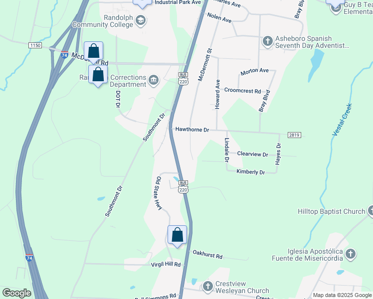 map of restaurants, bars, coffee shops, grocery stores, and more near 952 McDermott Street in Asheboro