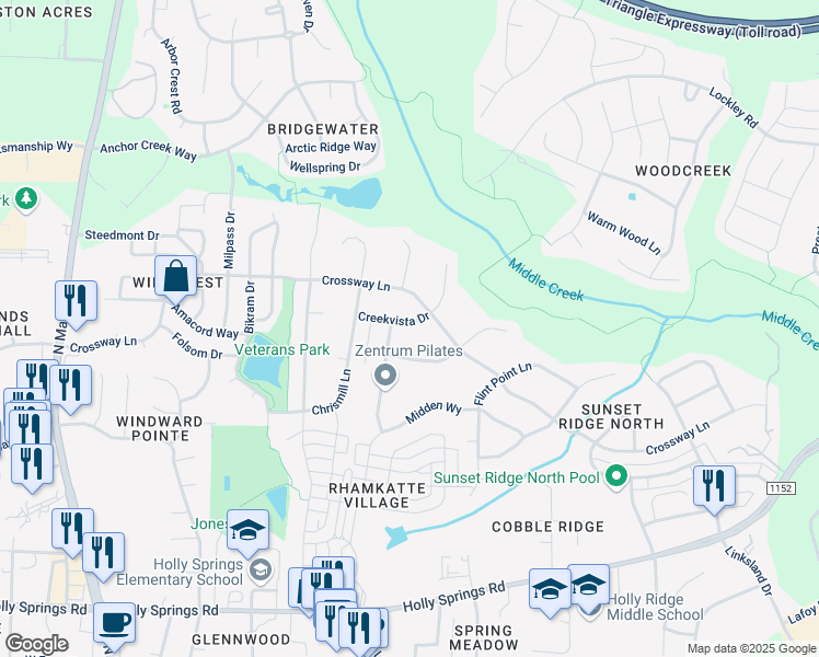 map of restaurants, bars, coffee shops, grocery stores, and more near 209 Creekvista Drive in Holly Springs