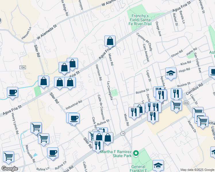 map of restaurants, bars, coffee shops, grocery stores, and more near 1602 La Cieneguita in Santa Fe