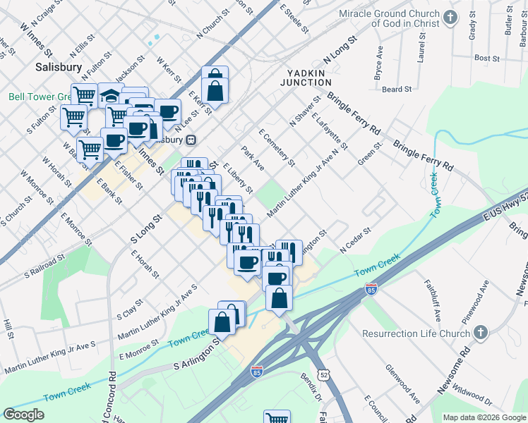 map of restaurants, bars, coffee shops, grocery stores, and more near 625 East Liberty Street in Salisbury