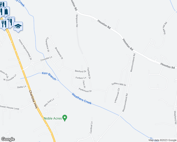 map of restaurants, bars, coffee shops, grocery stores, and more near Fairfield Drive in Troutman
