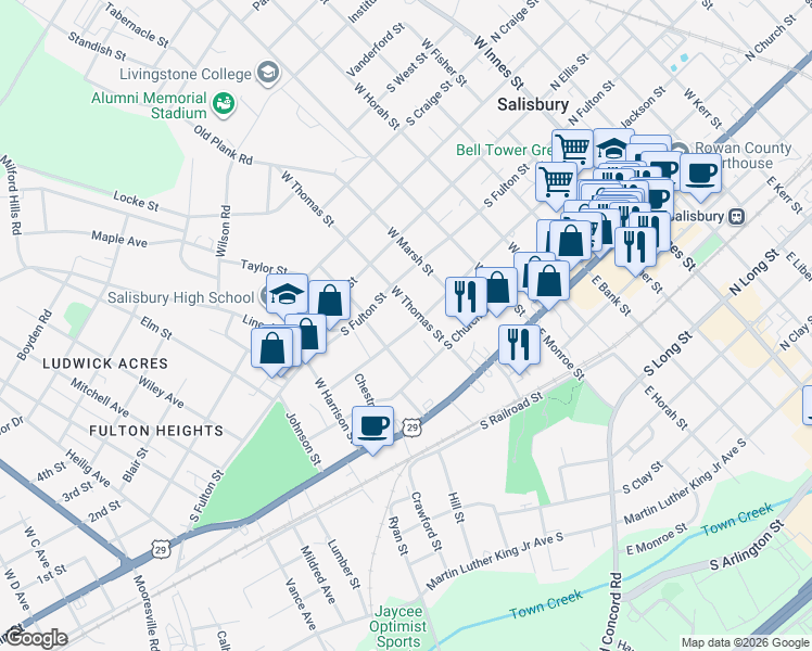 map of restaurants, bars, coffee shops, grocery stores, and more near 712 South Jackson Street in Salisbury
