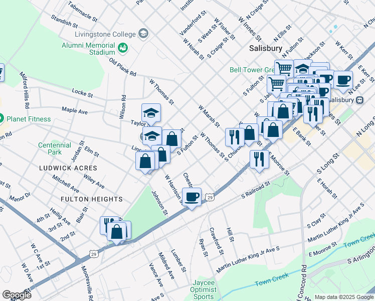 map of restaurants, bars, coffee shops, grocery stores, and more near 801 South Fulton Street in Salisbury