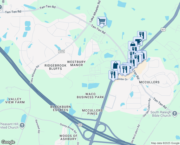 map of restaurants, bars, coffee shops, grocery stores, and more near 3813 Gelder Drive in Raleigh