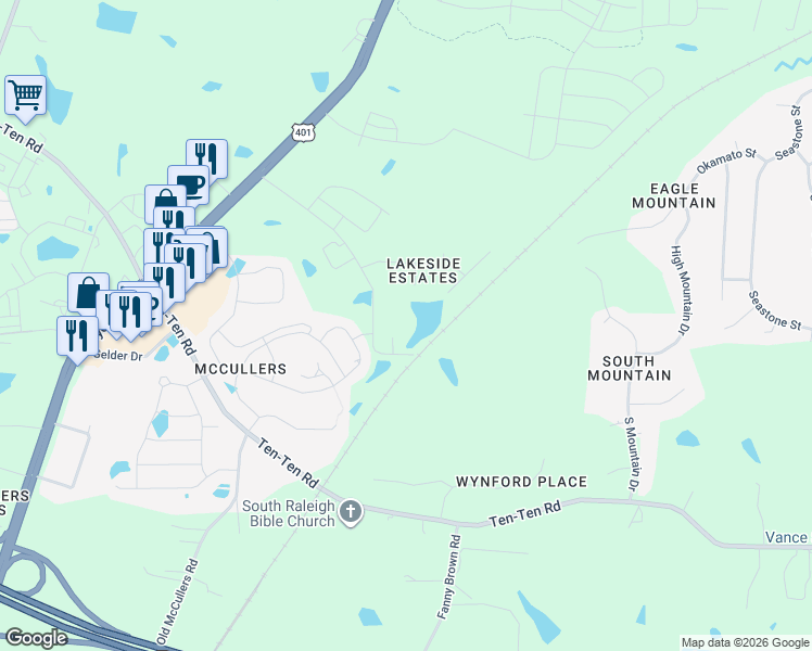 map of restaurants, bars, coffee shops, grocery stores, and more near 8001 Caddy Road in Raleigh