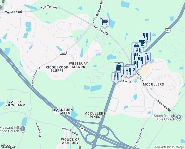 map of restaurants, bars, coffee shops, grocery stores, and more near 3813 Gelder Drive in Raleigh