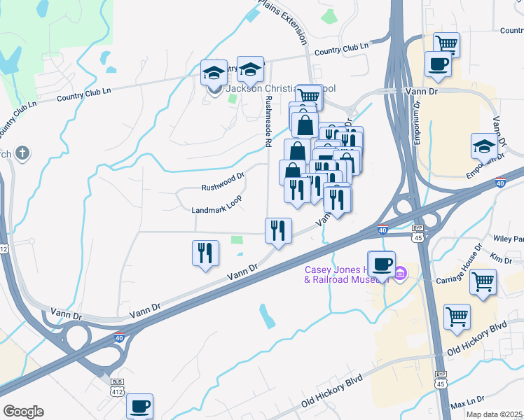 map of restaurants, bars, coffee shops, grocery stores, and more near 1209 Vann Drive in Jackson