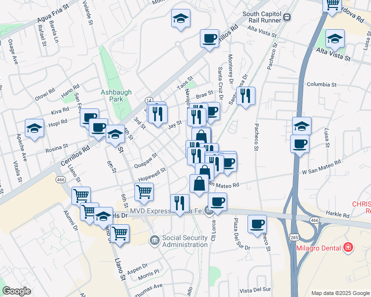 map of restaurants, bars, coffee shops, grocery stores, and more near 1729 2nd Street in Santa Fe