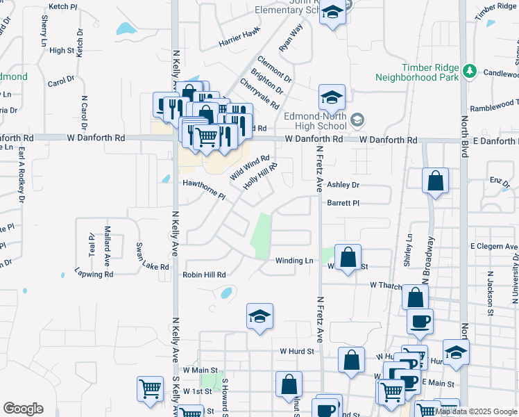 map of restaurants, bars, coffee shops, grocery stores, and more near 500 Larkspur Lane in Edmond