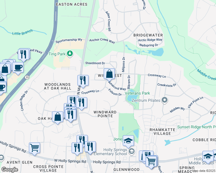 map of restaurants, bars, coffee shops, grocery stores, and more near 104 Folsom Drive in Holly Springs