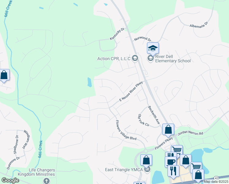 map of restaurants, bars, coffee shops, grocery stores, and more near 97 Roterham Drive in Clayton