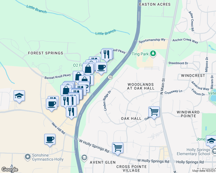 map of restaurants, bars, coffee shops, grocery stores, and more near 109 Bright Shade Court in Holly Springs