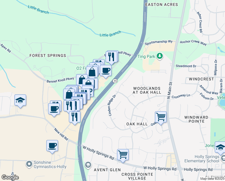 map of restaurants, bars, coffee shops, grocery stores, and more near 109 Bright Shade Court in Holly Springs