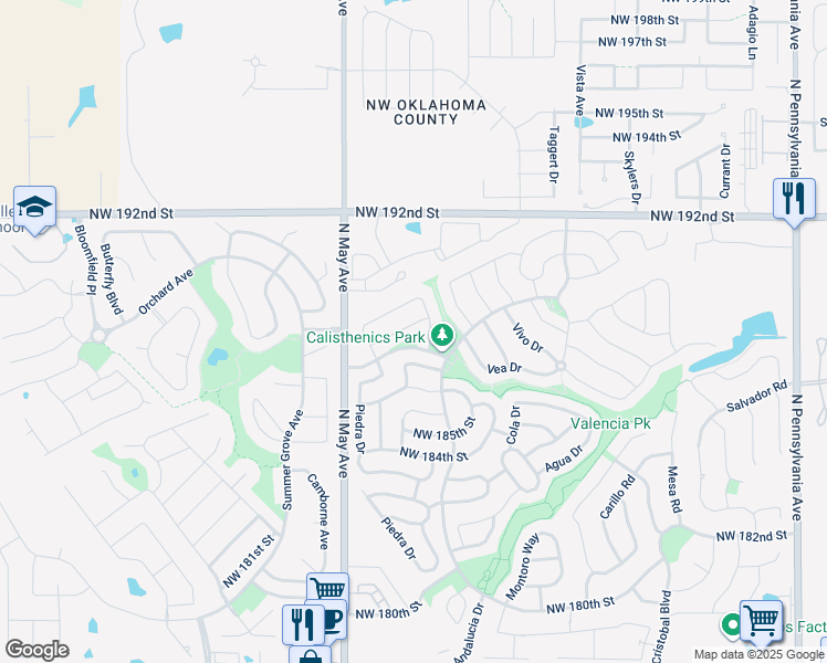 map of restaurants, bars, coffee shops, grocery stores, and more near 2732 Northwest 188th Street in Edmond