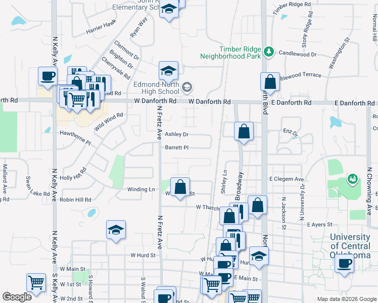 map of restaurants, bars, coffee shops, grocery stores, and more near 206 Barrett Place in Edmond