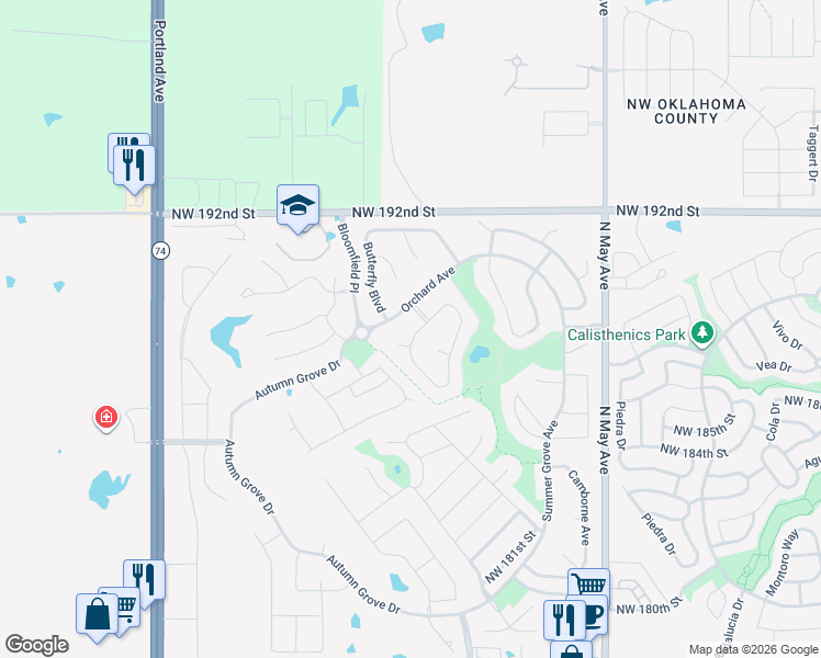 map of restaurants, bars, coffee shops, grocery stores, and more near 3233 Northwest 188th Terrace in Edmond
