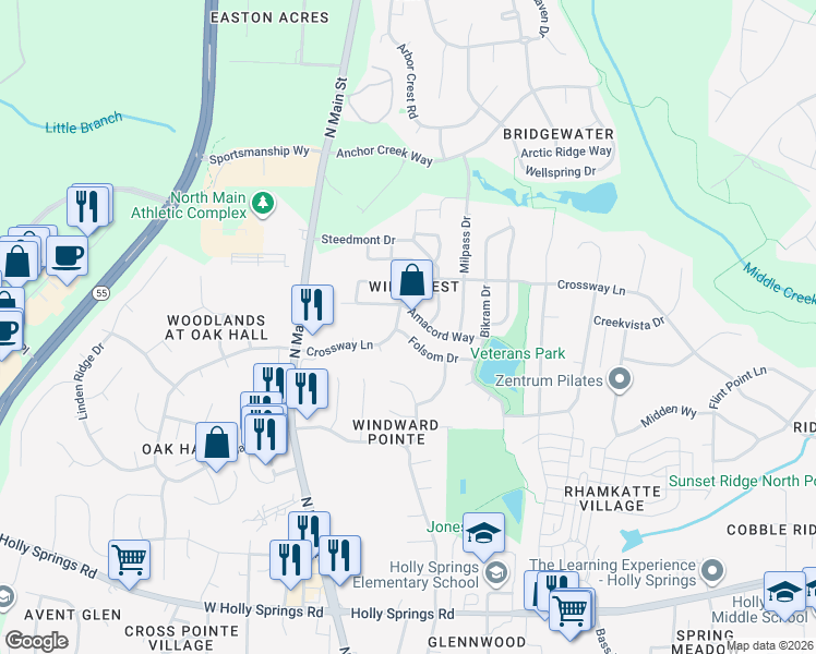 map of restaurants, bars, coffee shops, grocery stores, and more near 104 Folsom Drive in Holly Springs