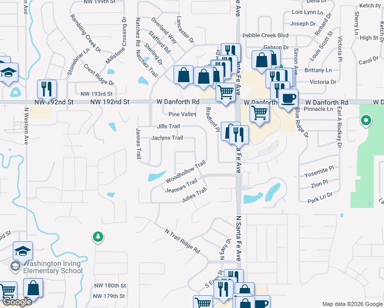 map of restaurants, bars, coffee shops, grocery stores, and more near 809 Julie's Trail in Edmond