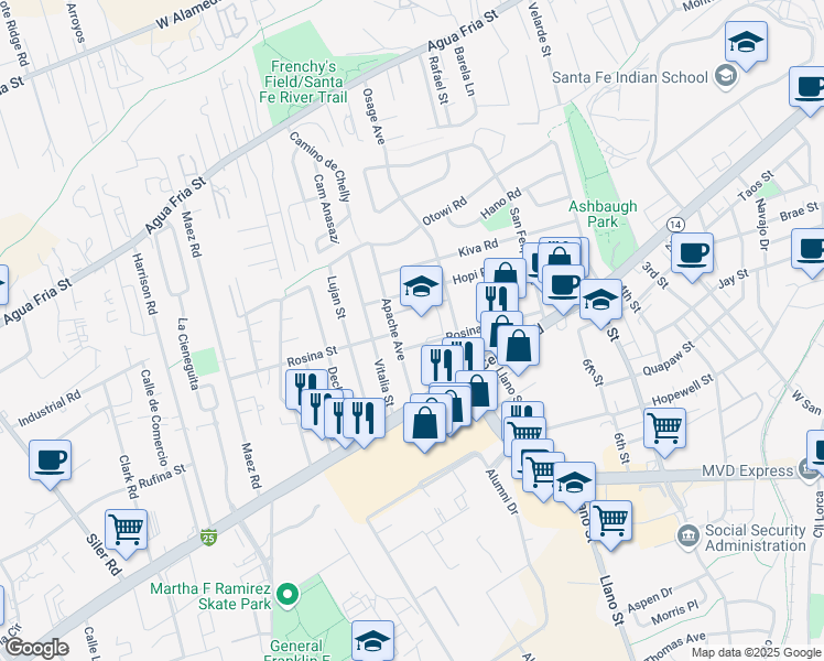 map of restaurants, bars, coffee shops, grocery stores, and more near 1231 Apache Avenue in Santa Fe