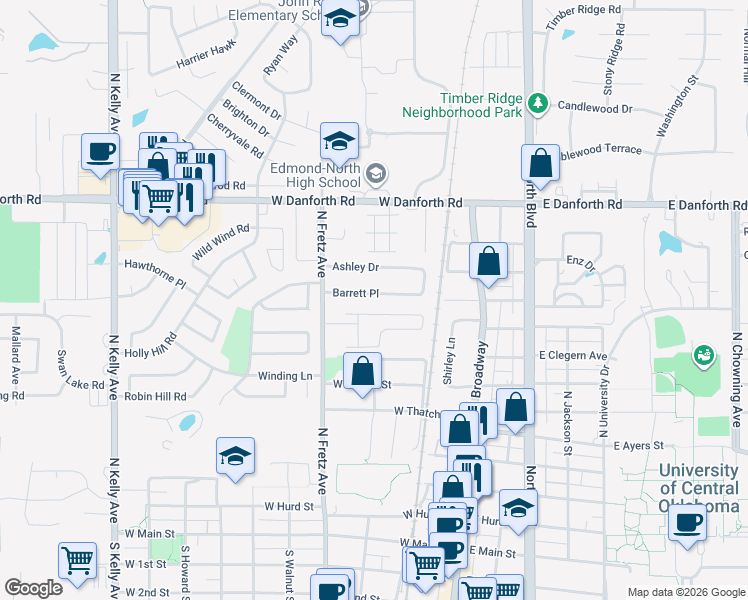 map of restaurants, bars, coffee shops, grocery stores, and more near 206 Barrett Place in Edmond