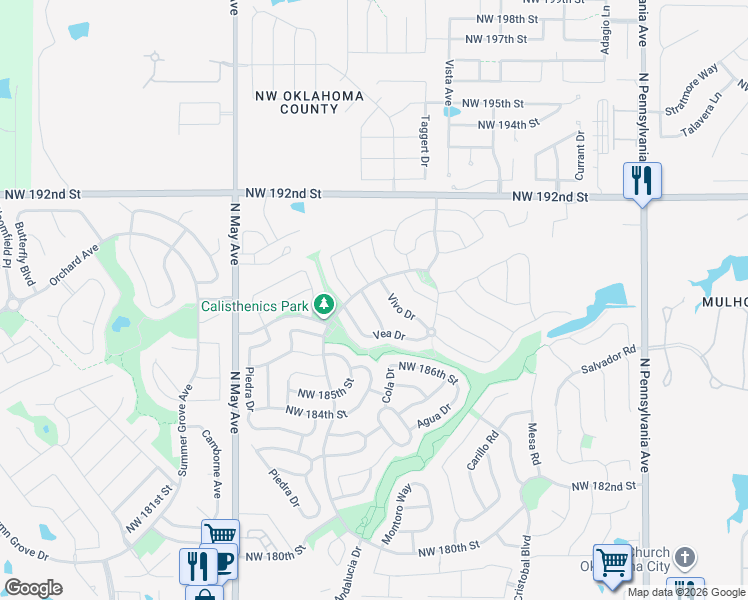 map of restaurants, bars, coffee shops, grocery stores, and more near 18824 Visto Drive in Edmond