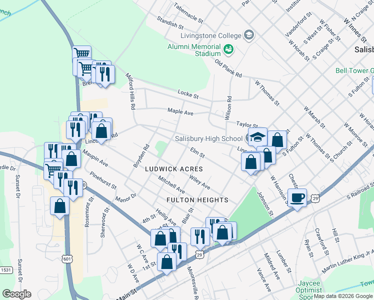 map of restaurants, bars, coffee shops, grocery stores, and more near 429 Elm Street in Salisbury