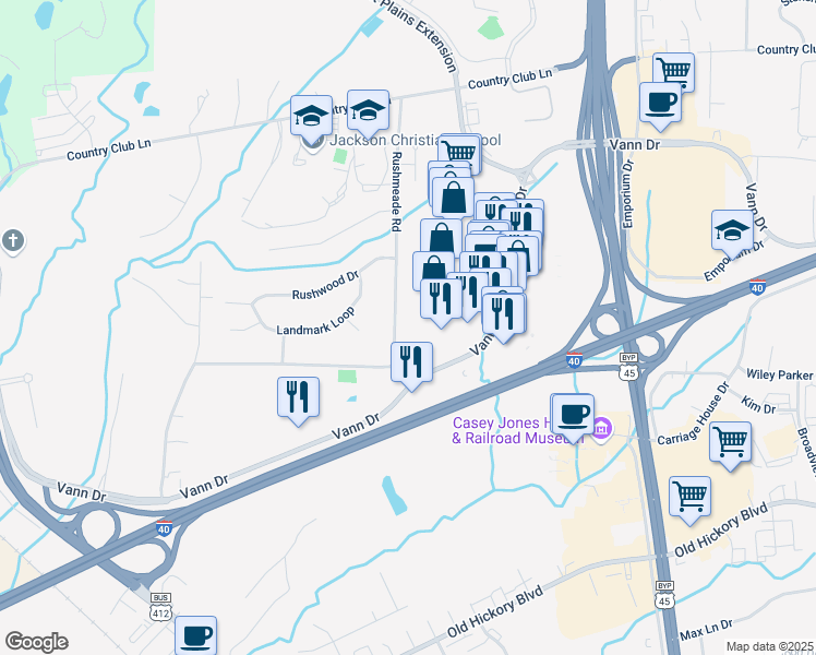 map of restaurants, bars, coffee shops, grocery stores, and more near 1209 Vann Drive in Jackson