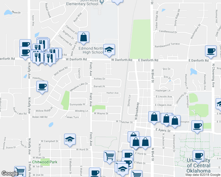 map of restaurants, bars, coffee shops, grocery stores, and more near 158 Barrett Place in Edmond