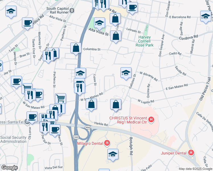 map of restaurants, bars, coffee shops, grocery stores, and more near 126 Mateo Circle North in Santa Fe