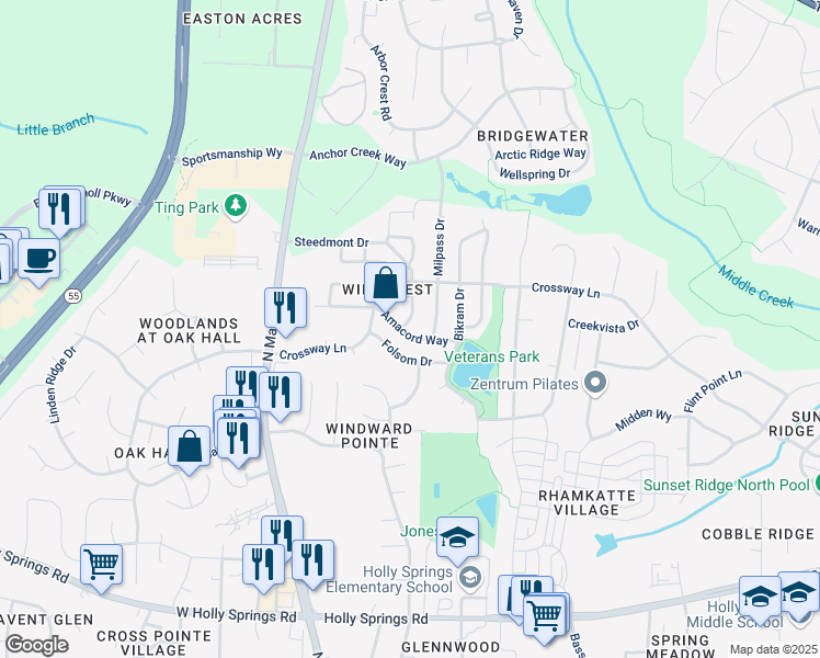 map of restaurants, bars, coffee shops, grocery stores, and more near 216 Amacord Way in Holly Springs
