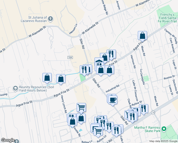 map of restaurants, bars, coffee shops, grocery stores, and more near 1091 Siler Road in Santa Fe