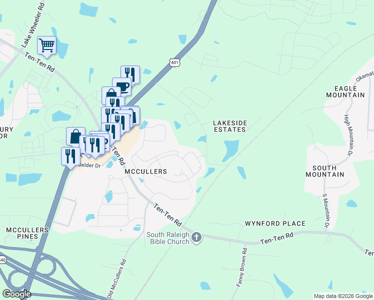 map of restaurants, bars, coffee shops, grocery stores, and more near 360 Amber Acorn Avenue in Raleigh
