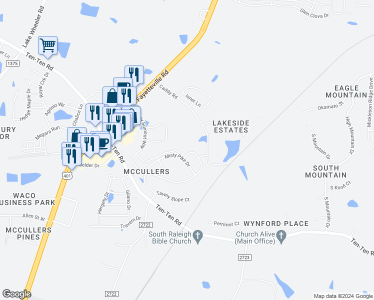 map of restaurants, bars, coffee shops, grocery stores, and more near 360 Amber Acorn Avenue in Raleigh