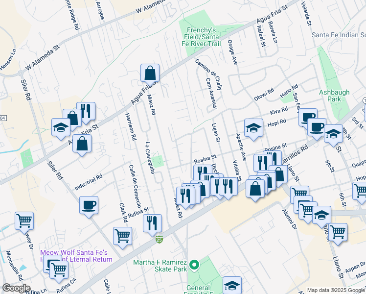 map of restaurants, bars, coffee shops, grocery stores, and more near 1243 Gallegos Lane in Santa Fe