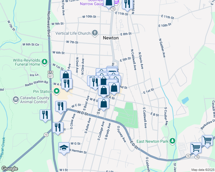 map of restaurants, bars, coffee shops, grocery stores, and more near 109 North Carolina 16 Business in Newton