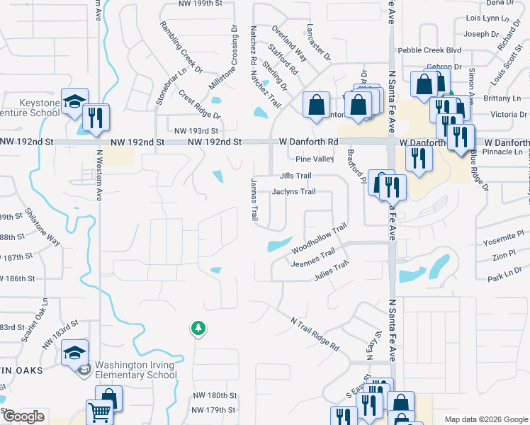 map of restaurants, bars, coffee shops, grocery stores, and more near 813 Adams Trail in Edmond