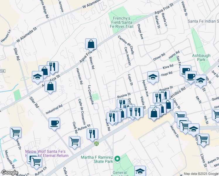 map of restaurants, bars, coffee shops, grocery stores, and more near 1245 Gallegos Lane in Santa Fe