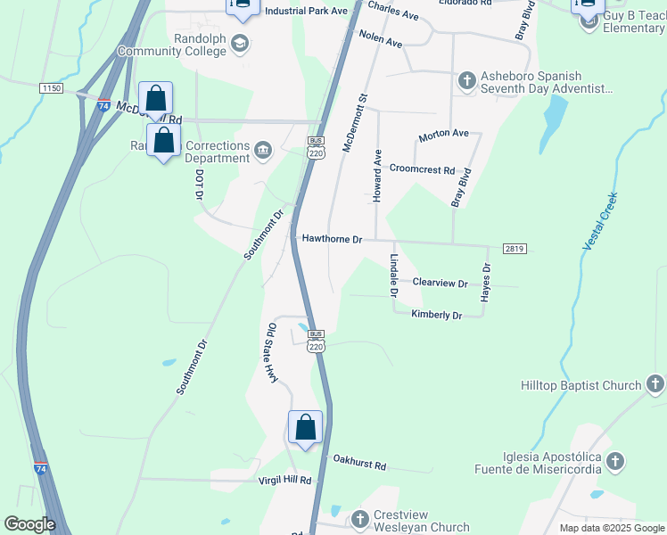 map of restaurants, bars, coffee shops, grocery stores, and more near 943 McDermott Street in Asheboro