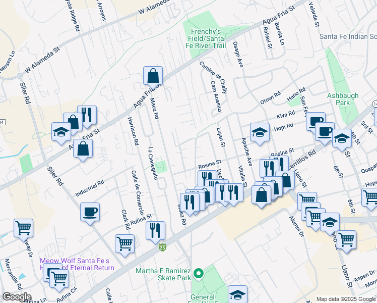map of restaurants, bars, coffee shops, grocery stores, and more near 1241 Gallegos Lane in Santa Fe