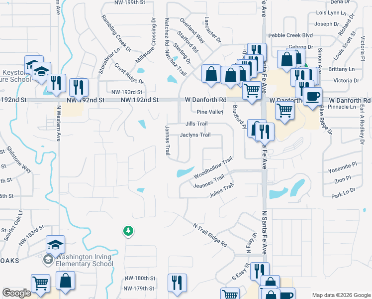 map of restaurants, bars, coffee shops, grocery stores, and more near 813 Adams Trail in Edmond