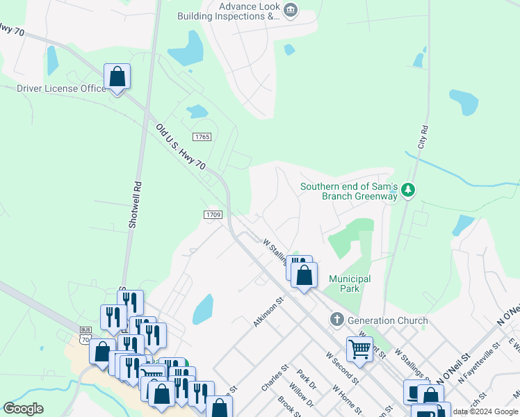 map of restaurants, bars, coffee shops, grocery stores, and more near 148 Liberty Lane in Clayton