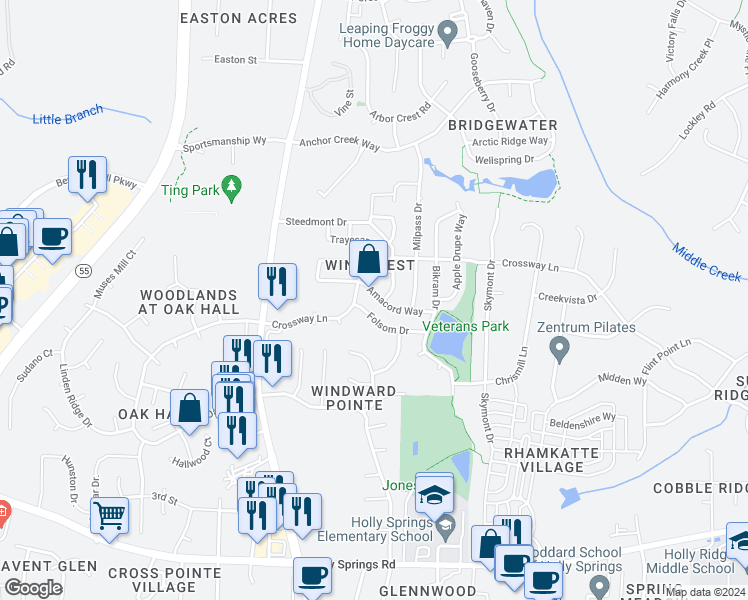 map of restaurants, bars, coffee shops, grocery stores, and more near 305 Amacord Way in Holly Springs