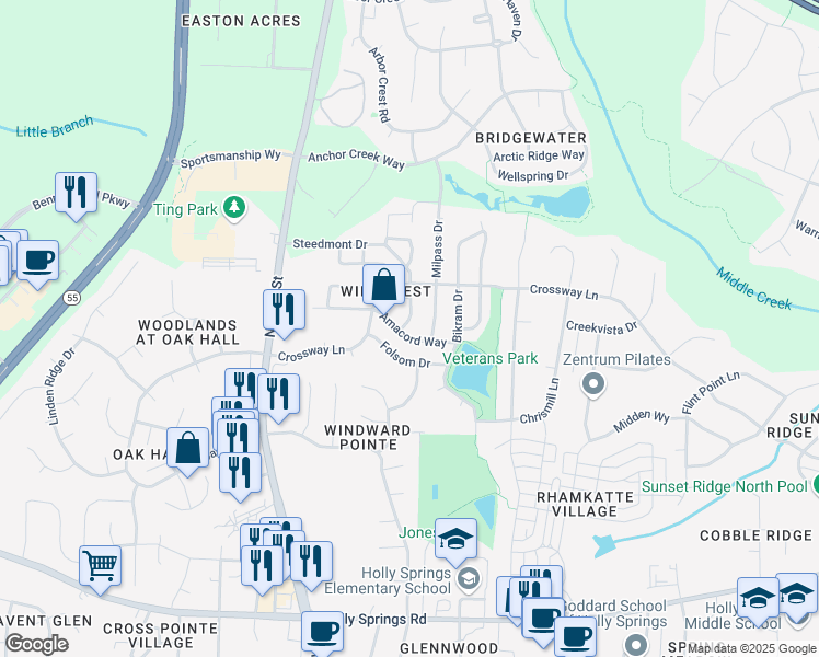 map of restaurants, bars, coffee shops, grocery stores, and more near 216 Amacord Way in Holly Springs