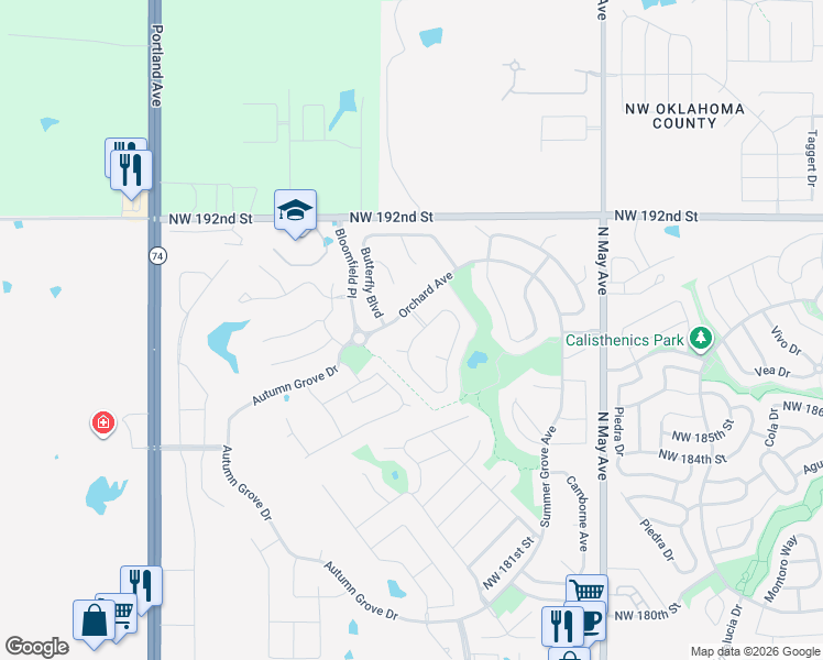 map of restaurants, bars, coffee shops, grocery stores, and more near 3233 Northwest 188th Terrace in Edmond