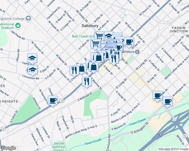 map of restaurants, bars, coffee shops, grocery stores, and more near 419 South Main Street in Salisbury