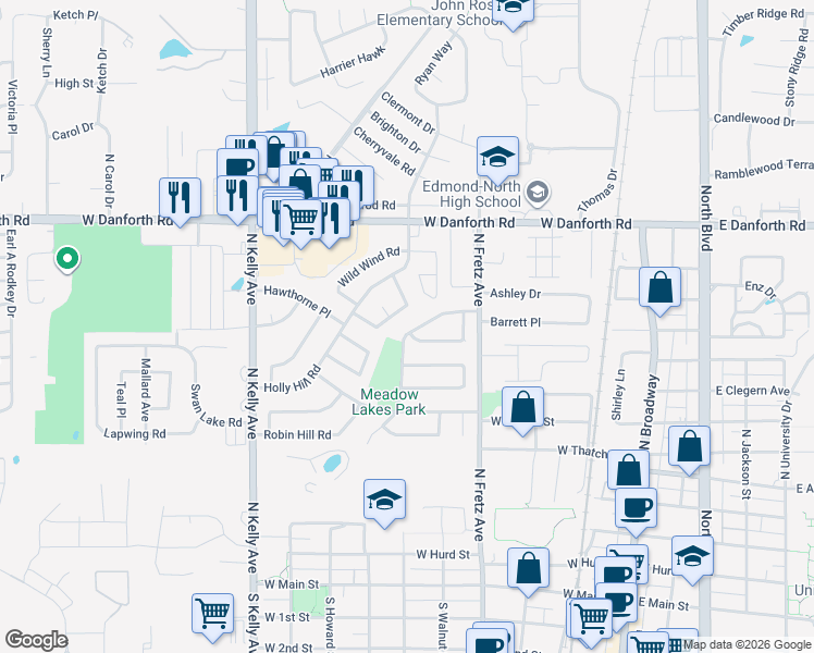 map of restaurants, bars, coffee shops, grocery stores, and more near 415 Meadow Lake Drive in Edmond