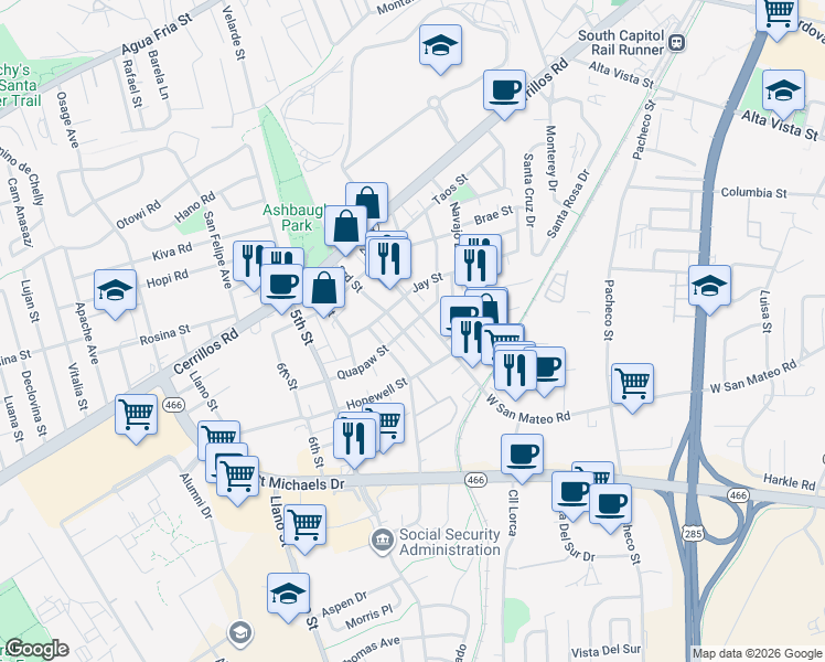 map of restaurants, bars, coffee shops, grocery stores, and more near 1703 3rd Street in Santa Fe