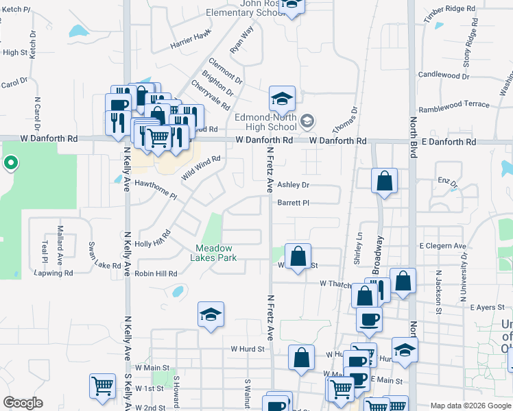 map of restaurants, bars, coffee shops, grocery stores, and more near 821 Cedar Crest Drive in Edmond